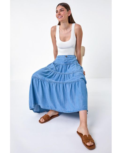 Roman Blue Denim Wash Tiered Maxi Skirt