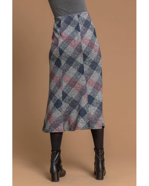 Roman Gray Check Print Fluted Midi Skirt