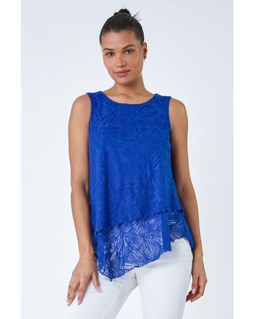 Roman Blue Burnout Swirl Print V-Neck Asymmetric Top