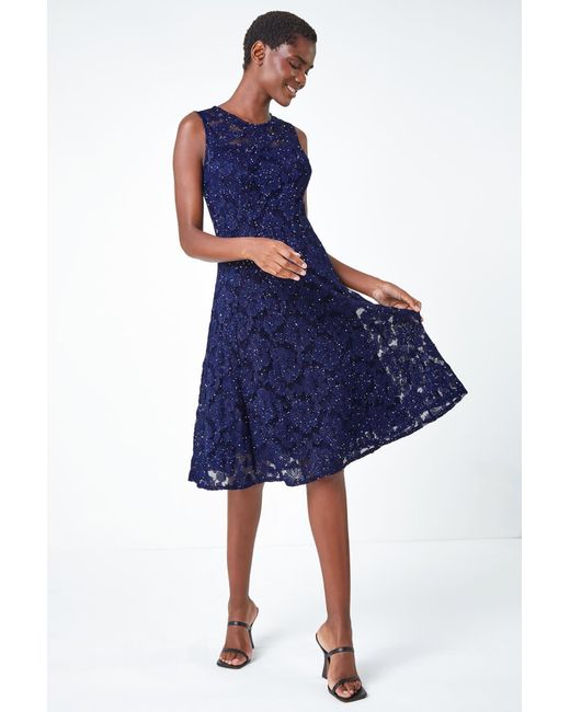 Roman Blue Sleeveless Glitter Lace Stretch Dress