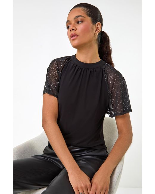 Roman Black Sparkle Mesh Sleeve Jersey Top