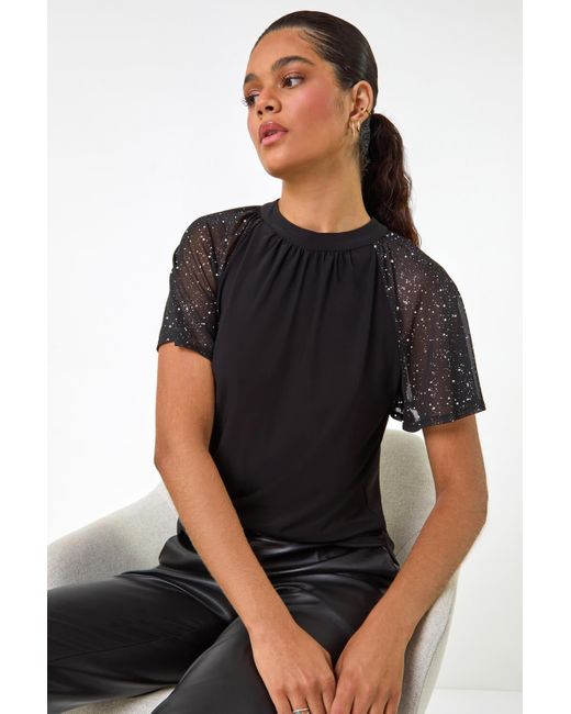 Roman Black Sparkle Mesh Sleeve Jersey Top