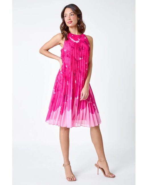 Roman Pink Floral Halter Neck Pleated Chiffon Swing Dress