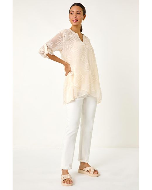 Roman Natural Leaf Print Burnout Wrap Tunic Top