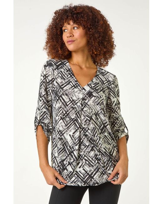 Roman White Geometric Print Pleat Front Top