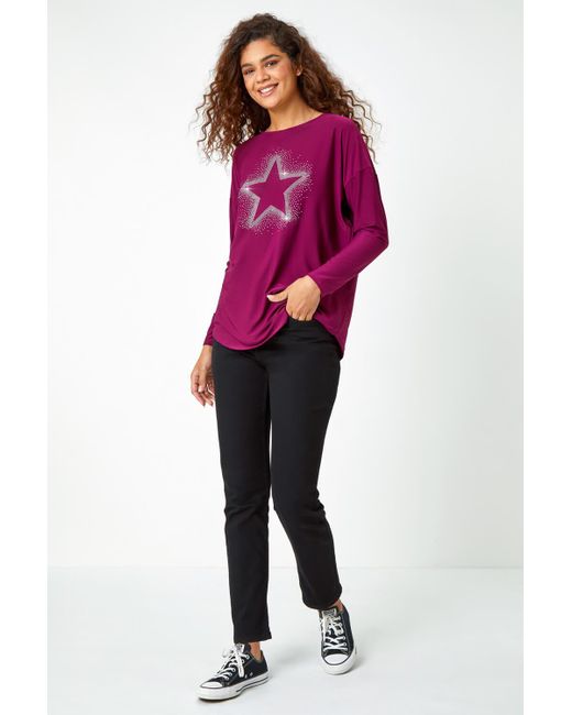 Roman Purple Embellished Star Print Stretch Top