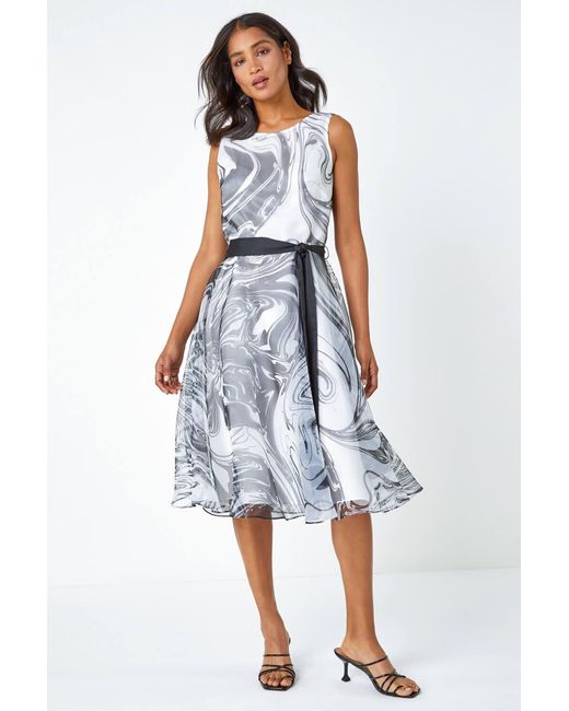 Roman White Sleeveless Marble Print Dress