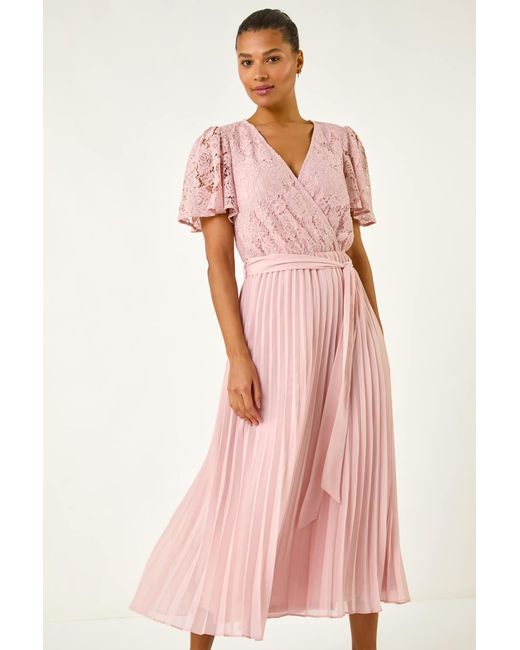 Roman Pink Lace Detail Wrap Midi Dress