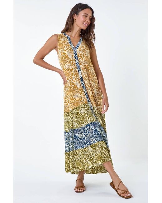 Roman Yellow Patchwork Print Tiered Maxi Dress