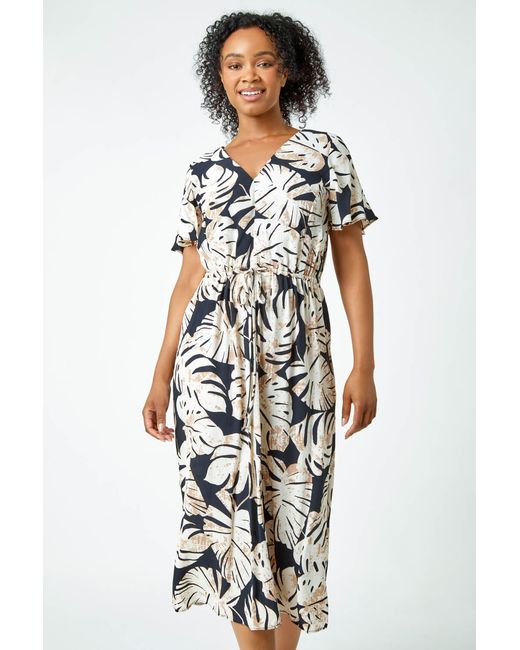 Roman Petite Black Leaf Print Tie Waist Maxi Dress