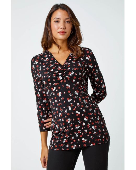 Roman Black Floral Print Ruched Stretch Top