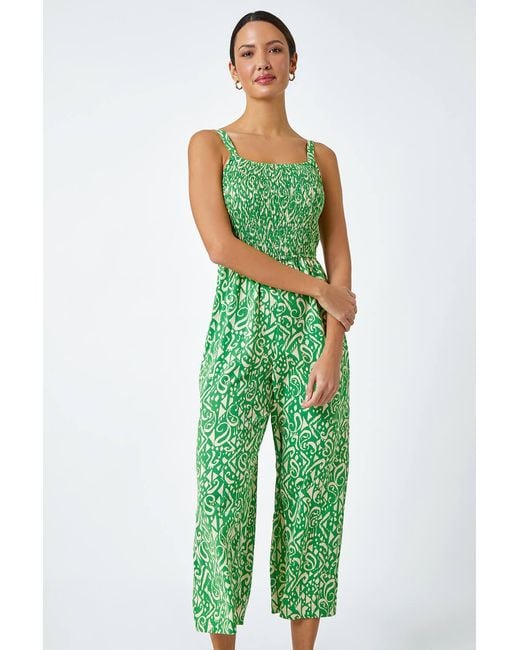 Roman Green Aztec Print Crop Shirred Jumpsuit