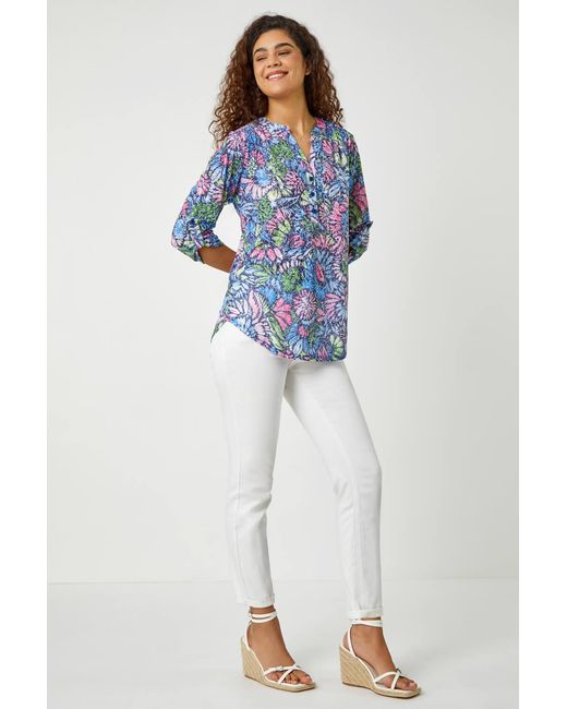 Roman Blue Textured Floral Print Stretch Tunic Shirt