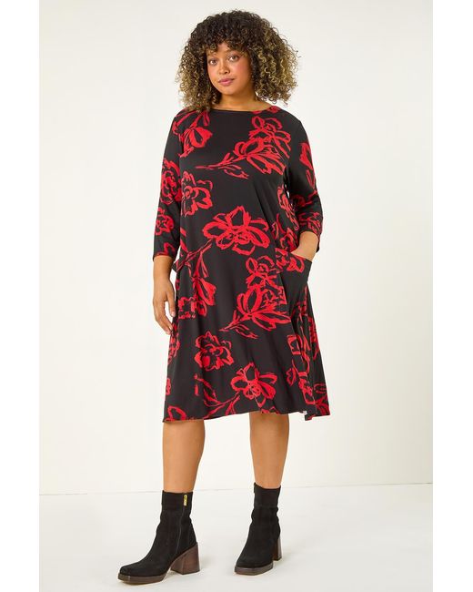 Roman Curve Red Floral Print Pocket Swing Dress