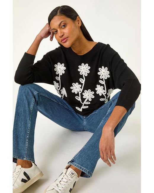 Roman Blue Floral Embroidery Knit Jumper