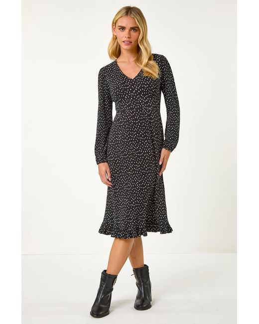 Roman Petite Black Plisse Spot Frill Dress