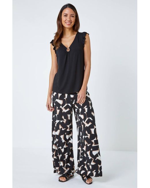Roman Black Ring Detail Frill Stretch Top