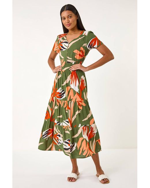 Roman Leaf Print Tiered Maxi Dress