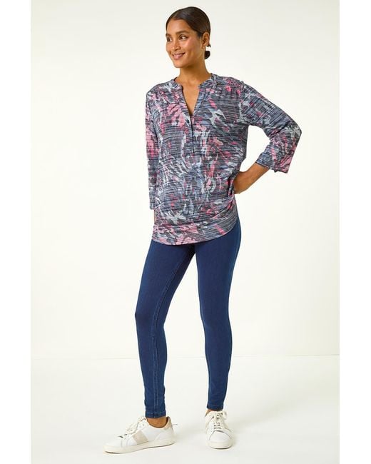 Roman Blue Striped Animal Print Stretch Top