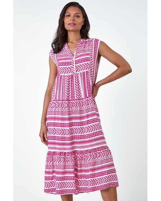 Roman Pink Aztec Print Tiered Midi Smock Dress