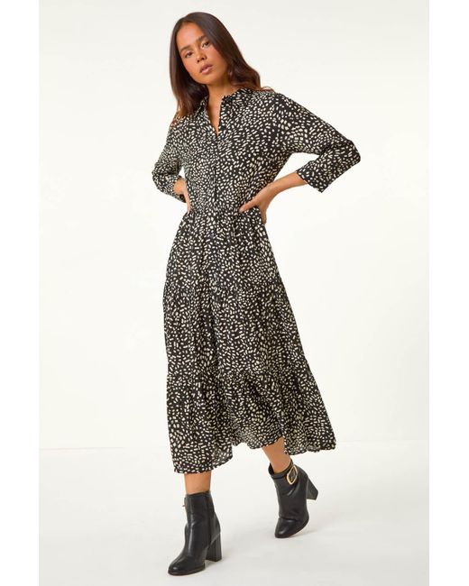 Roman Petite Black Geometric Button Tiered Midi Dress