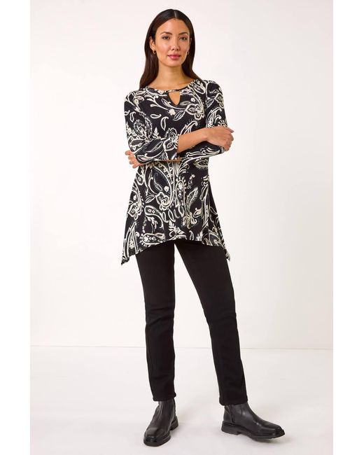 Roman Black Paisley Print Keyhole Top