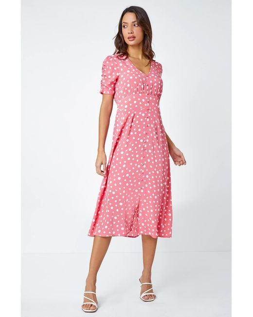 Roman Pink Polka Dot Ruched Sleeve Midi Dress