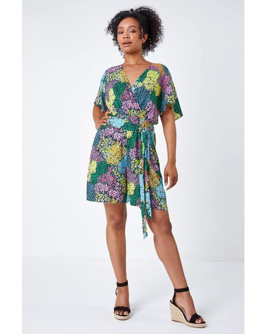 Roman Petite Blue Ditsy Floral Belted Wrap Playsuit