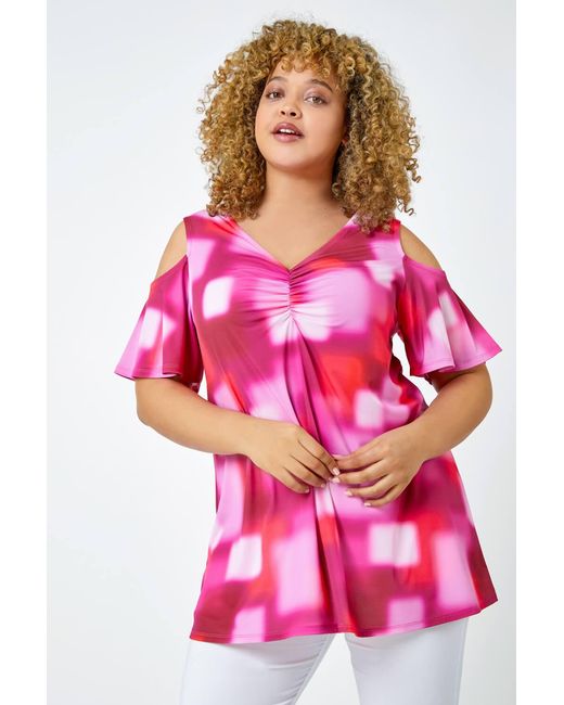 Roman Curve Red Abstract V-Neck Cold Shoulder Top