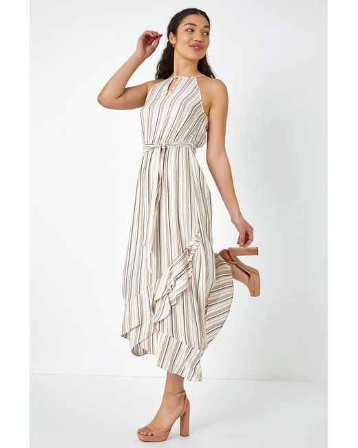Roman White Stripe Print Frill Detail Maxi Dress