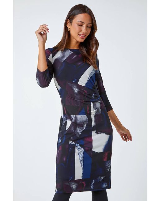 Roman Blue Abstract Ruched Pleat Detail Stretch Dress