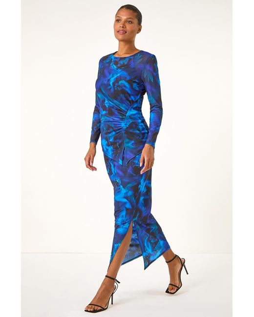 Roman Blue Printed Ruched Mesh Pencil Skirt