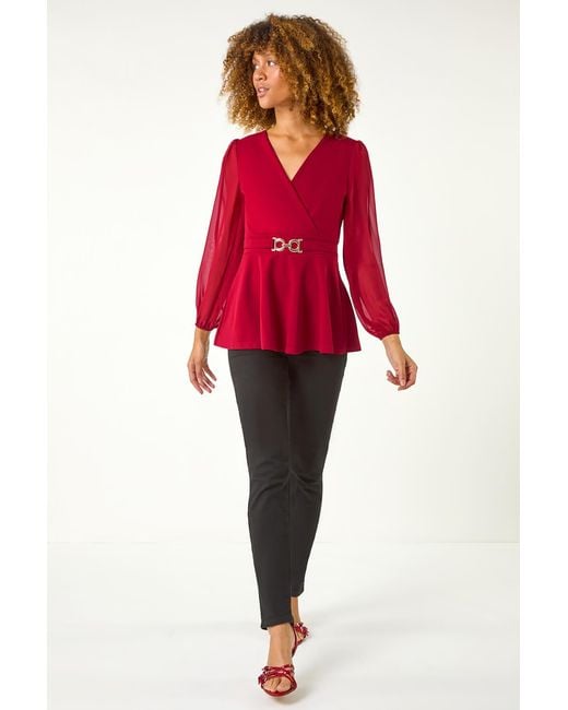 Roman Red Belted Peplum V-Neck Stretch Top