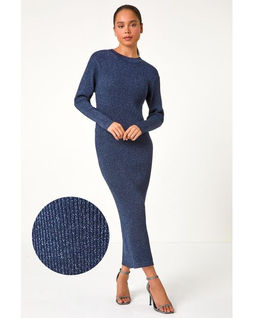 Roman Petite Blue Shimmer Ribbed Knit Dress