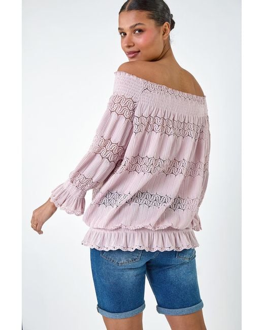 Roman Pink Lace Insert Frill Bardot Top