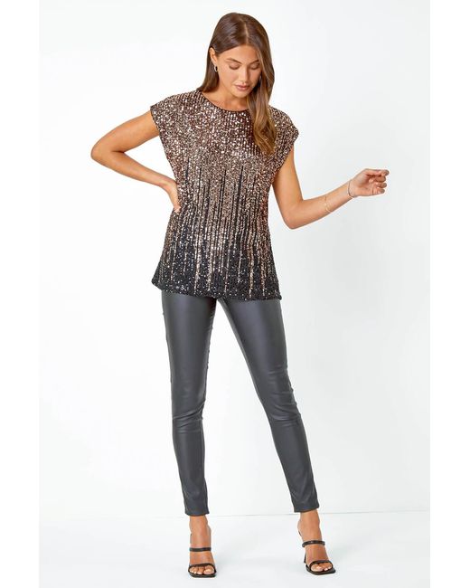 Roman Brown Ombre Sequin Tunic Stretch Top
