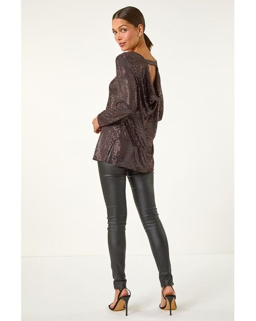 Roman Multicolor Shimmer Cowl Back Tunic Top