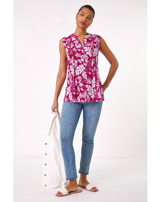 Roman White Textured Leaf Print Vest Top