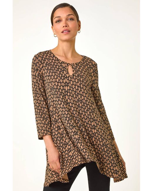 Roman White Abstract Linear Print Cutout Tunic Top