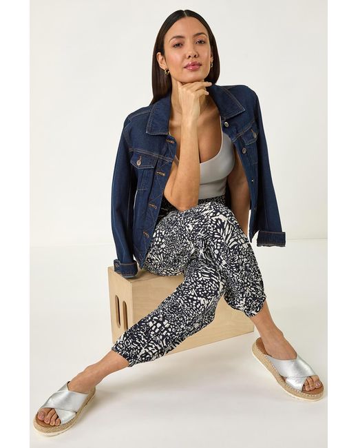 Roman Blue Abstract Animal Print Tie Waist Trousers