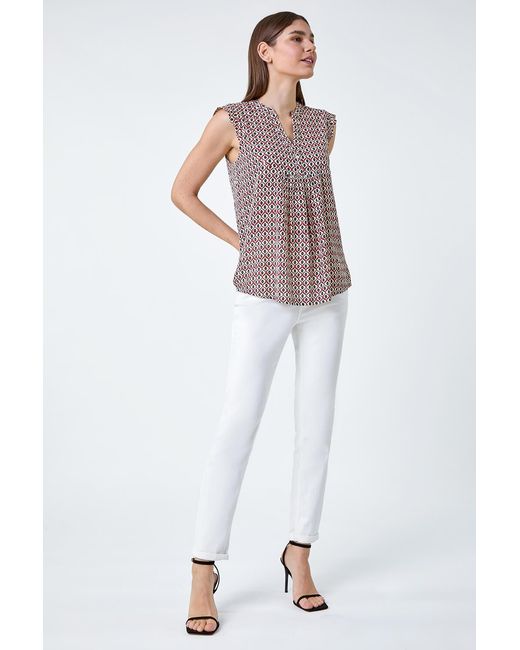Roman White Geometric Print Frill Blouse
