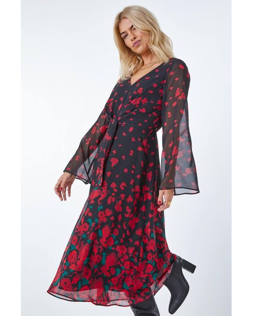 D.u.s.k Red Rose Print Chiffon Midi Dress