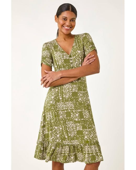Roman Green Floral Print V-Neck Button Dress