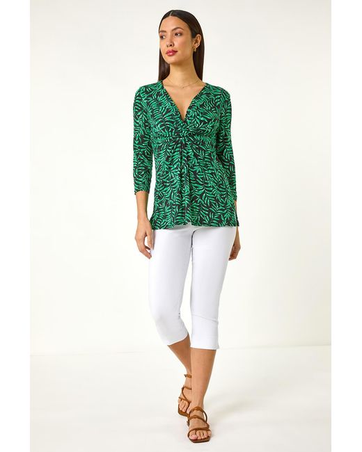 Roman Green Leaf Print V-Neck Twist Front Top
