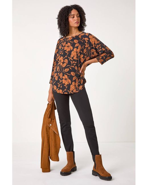 Roman Brown Leaf Print Raglan Sleeve Stretch Top