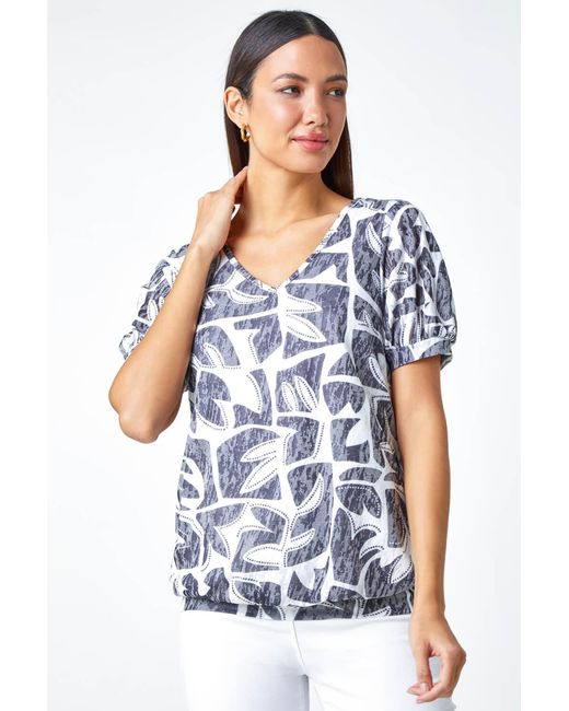 Roman White Abstract Burnout V-Neck Blouson Stretch Top