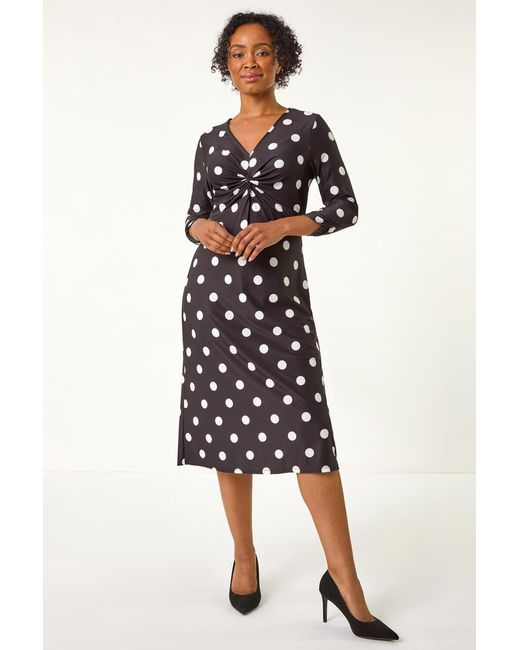 Roman Petite Black Spot Twist Front Midi Dress