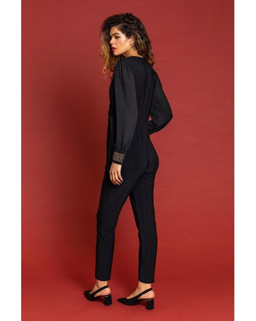 Roman Black Sparkle Embellished Cuff Wrap Jumpsuit