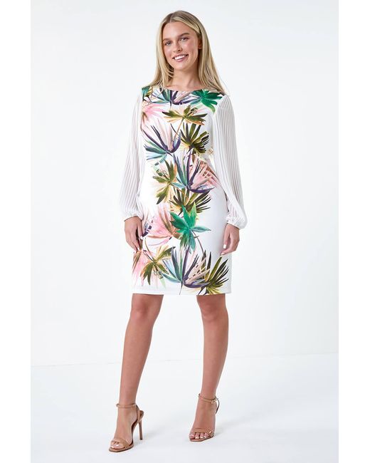 Roman Petite White Tropical Pleat Sleeve Shift Dress
