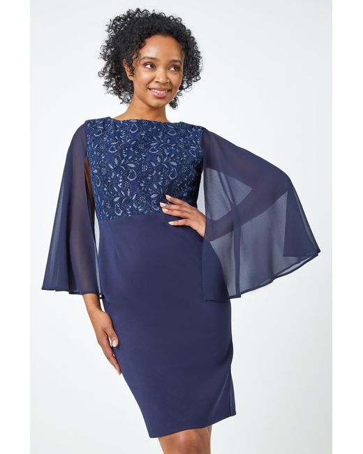 Roman Petite Blue Lace Chiffon Cape Sleeve Dress
